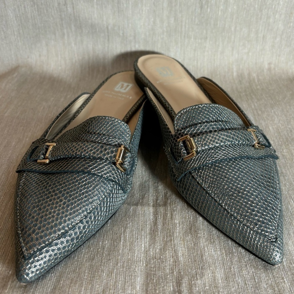 BRUNO MAGLI Sz 38 Pointy  Toe Metallic Made in Italy Slip On Designer Mules